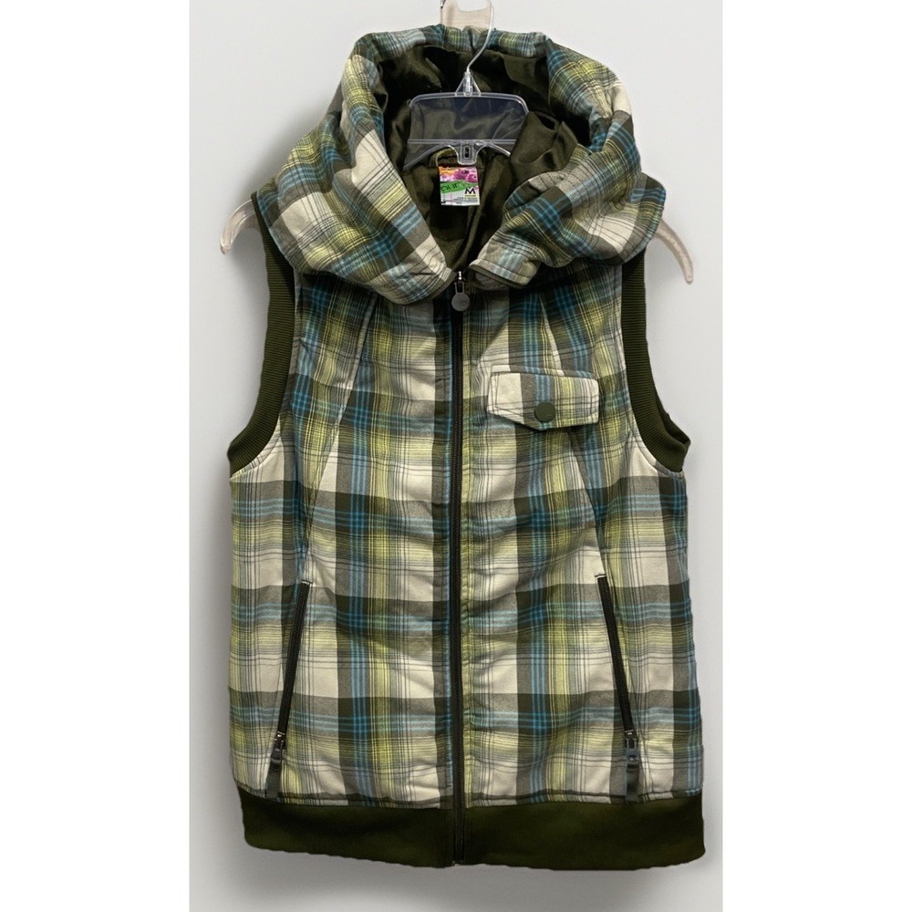 Burton Dryride Green Plaid Full Zip Hooded Insulated Vest Women's Size Medium